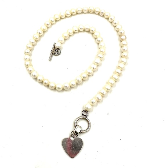 Genuine Pearl Necklace Sterling Silver Heart Pendant Toggle Clasp - Picture 8 of 11